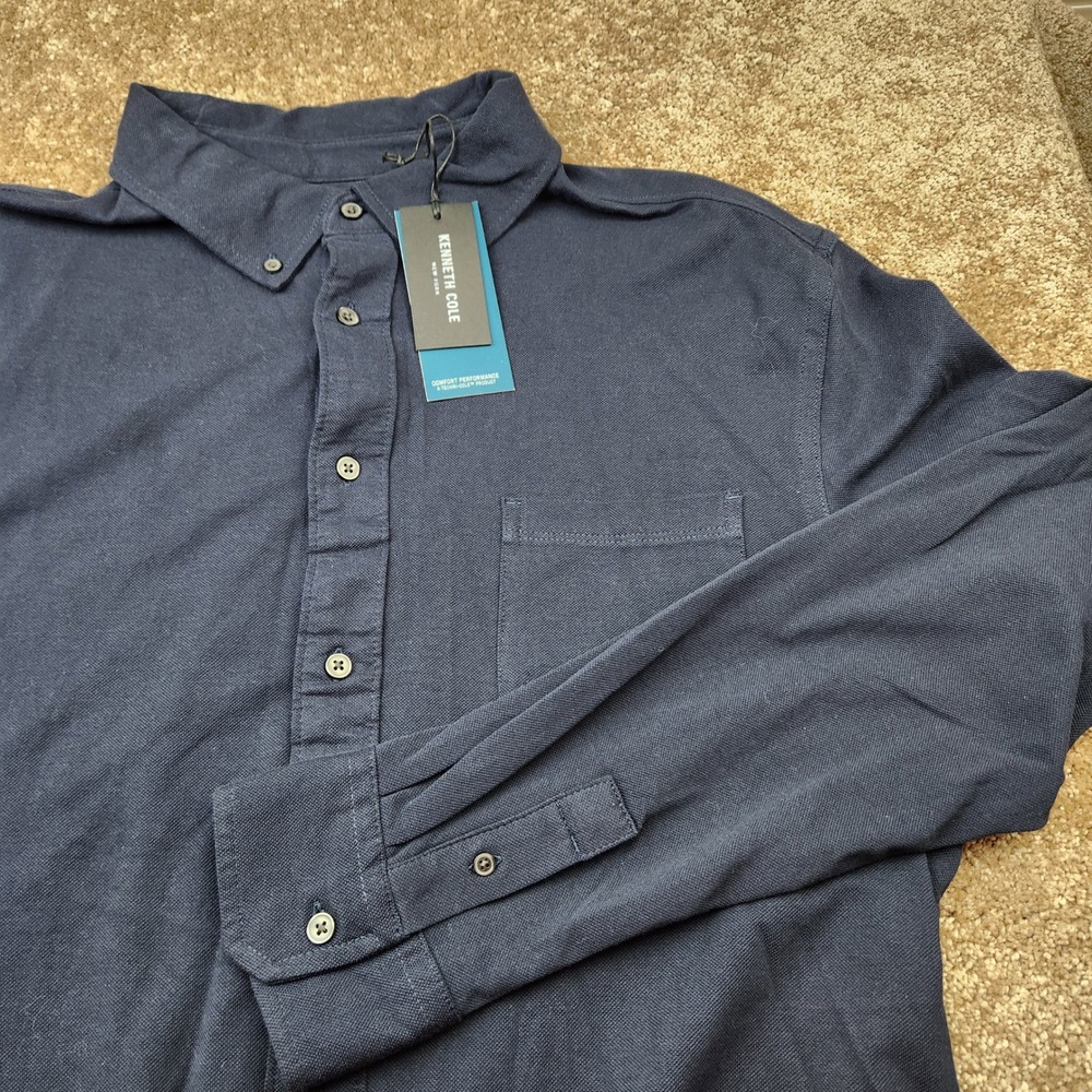 Kenneth Cole New York Mens Navy Blue Pique Button Down Shirt KG9R74NAVPC L NEW